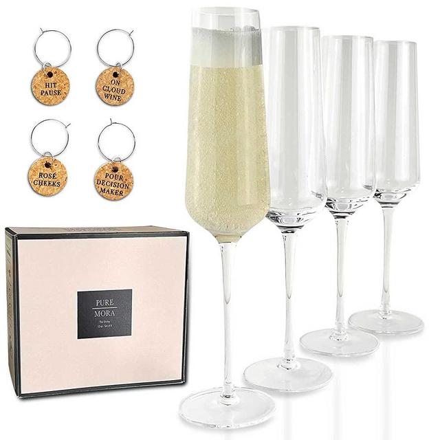 The Emmie by PURE MORA Champagne Glasses - Set of 4, 8 oz, Modern Hand Blown Crystal Glass Flutes, for Champagne, Mimosa, Sparkling Wine & Prosecco. Bride and Groom Wedding Gift, Fluted Glassware