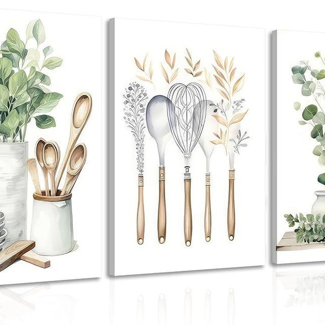 Boho Farmhouse Kitchen Canvas Wall Art Sage Green Plants Painting Pictures Dining Room Wall Decor Eucalyptus Leaves Green Botanical Poster Print Artwork for Farmhouse Kitchen Home Decoration