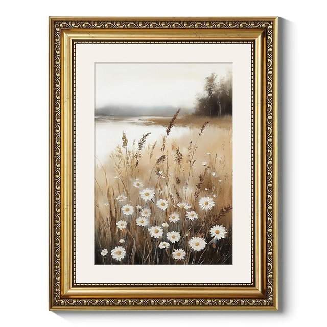 ARPEOTCY Vintage Gold Framed Wall Art, Wildflower Field Paintings, Floral Aesthetic Canvas Picture Prints Artwork with Frame, Classical Victorian Wall Decor for Living Room Bathroom Bedroom 11x14 inch