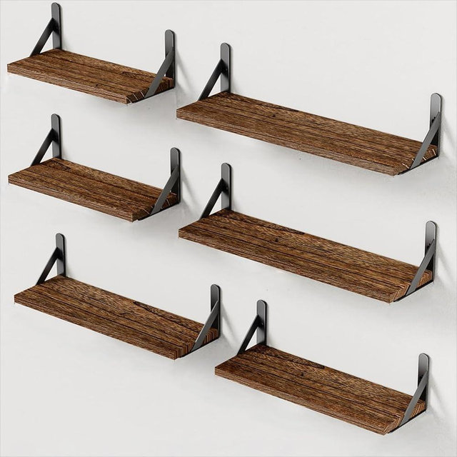 AMADA HOMEFURNISHING Wall Shelves Set of 6, Wood Floating Shelves for Wall Decor, Rustic Farmhouse Wall Shelves for Bedroom, Bathroom Shelves for Wall Storage, Book Shelves for Living Room, Brown