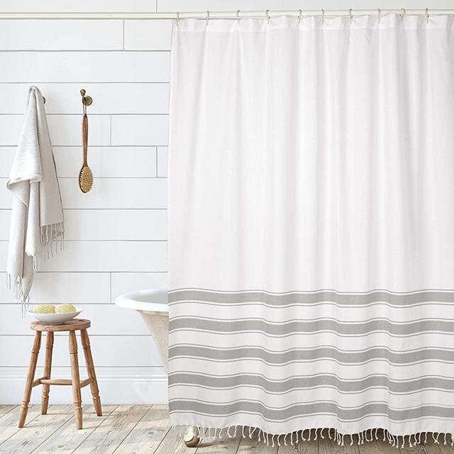 Folkulture Boho Shower Curtain 72" X 72" Water Repellent White Shower Curtain with Tassels, Grey Shower Curtains Recycled Cotton, (Cabana Gray)