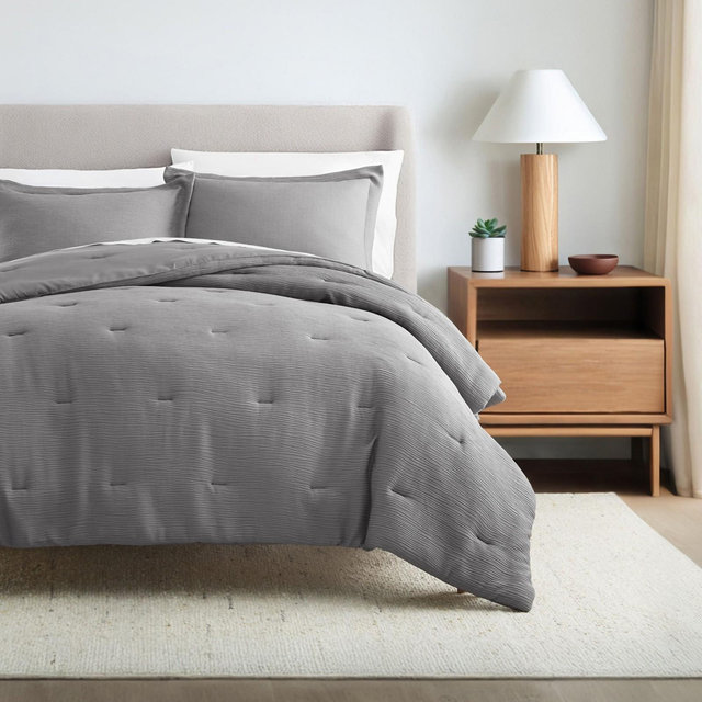Cloud Weave Textured Comforter Set, Plush All-Season Down Alternative, Ultra Soft, 3-Piece Set - Becky Cameron, Fog, Full/Queen