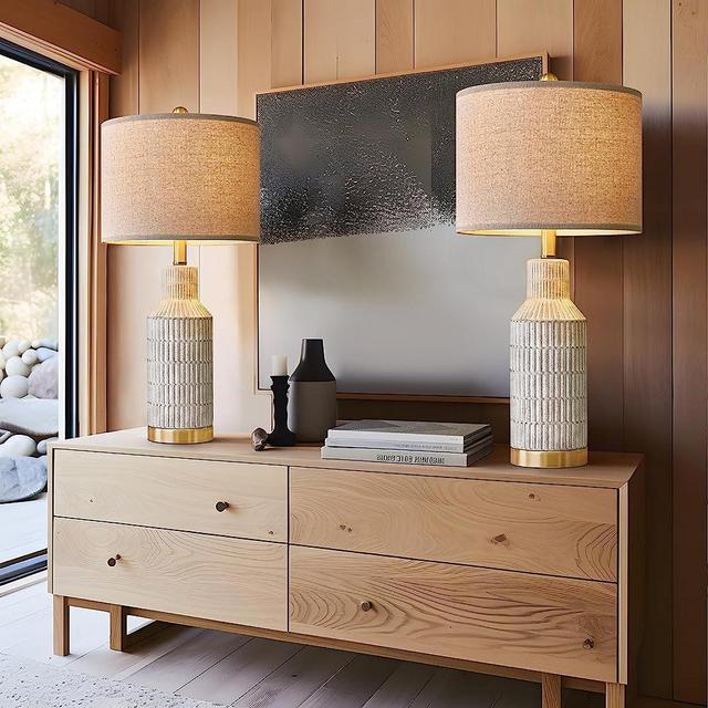 USumkky 25" Modern Ceramic Lamps Set of 2 Table Lamp for Living Room Bedroom Farmhouse Nightstand Bedside Lamps (White-Washed)