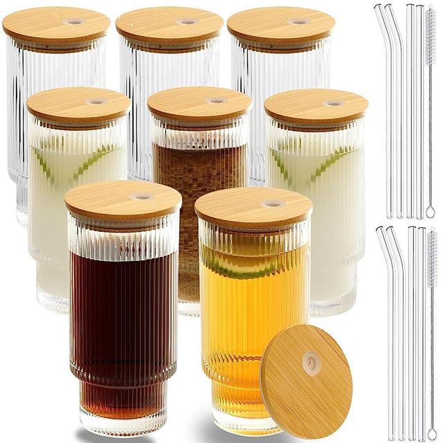 CAYOREPO 8 Pcs Set 16oz Ribbed Drinking Glasses with Bamboo Lids and Straws, Ribbed Glass Cups, Stackable Glasses, Vintage Water Glasses for Juice, Beer, Coffee, Tea and Cocktail (Clear(8PC))