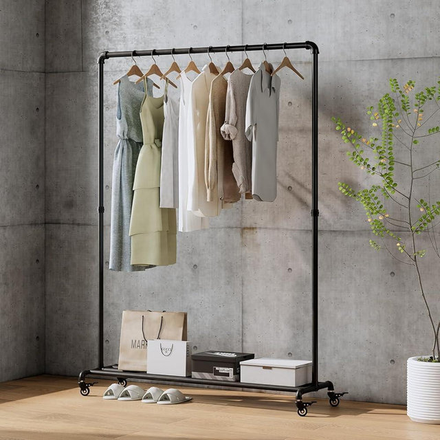 BUZUEY Industrial Pipe Clothing Rack with Wheels,Rolling Garment Rack with Bottom Shelf, Sturdy Metal Clothes Rack for Hanging Clothes Heavy Duty,Black Mobile Wardrobe Rack for Bedroom & Boutique