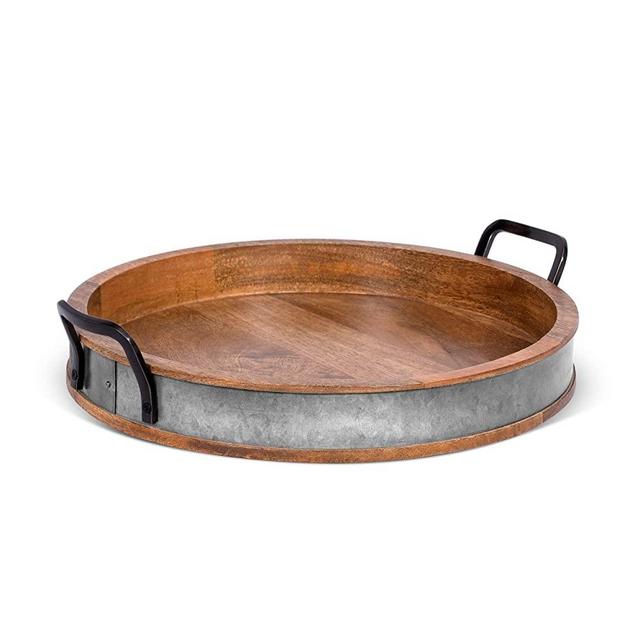 BIRDROCK HOME Wooden Serving Tray with Handles - Iron Accents - Round Barrel Top Breakfast Trays - Tea Cheese Board - Coffee Table Décor - Natural Wood with Iron - Kitchen - Bar - Large