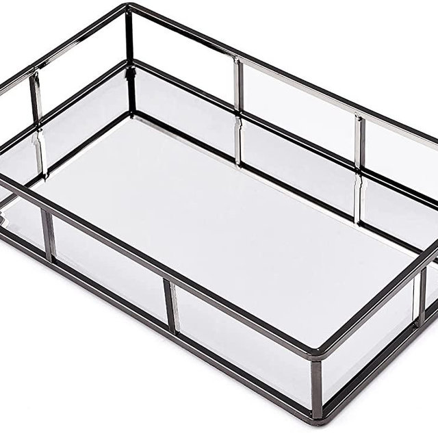 PuTwo Mirror Tray, Black Perfume Tray, Decorative Tray, Metal Vanity Tray, Jewelry Tray, Tray Decor, Decorative Trays, Glass Tray, Perfume Organizer, Vanity Trays for Bathroom, Counter, Bathroom