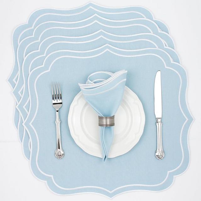 Bryonia Cotton Linen Placemats Set of 4 - Double Layered, Machine Washable, Wrinkle Resistance, Scalloped & Embroidered Cloth Table Mats - Fall, Halloween, Thanksgiving Mat 19 x 17 inch, Baby Blue