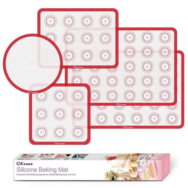Silicone Baking Mats Kit, OKeanu Non-stick Silicone Macaron Baking Mat Sheet -2 Half Sheets Mats, 1 Quarter Sheet Liner, 1 Round and 1 Square Cake Pan Mat-Set of 5 Reusable Silicone Liner