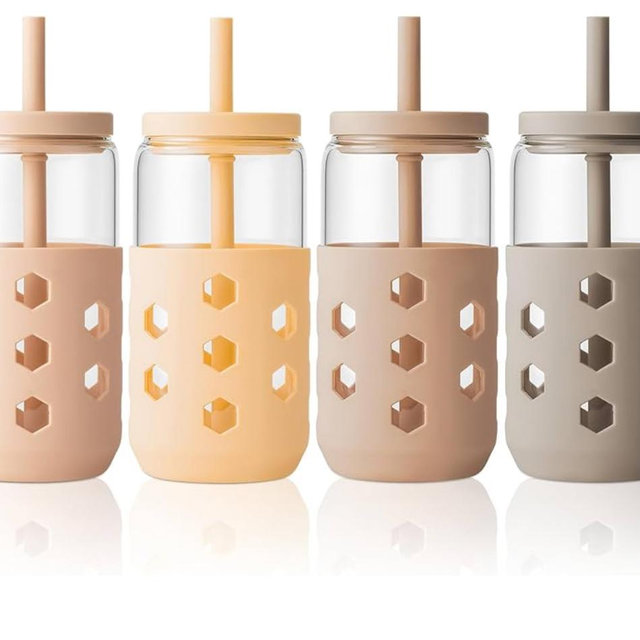Glass Cups with Lids and Straws (4 Pack), 16oz Drinking Glasses Set