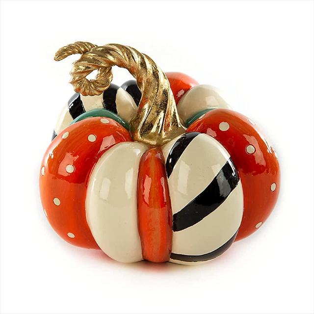 MacKenzie-Childs Patchwork Spice Mini Decorative Pumpkin for Fall Decor, Autumn Decorations for Home