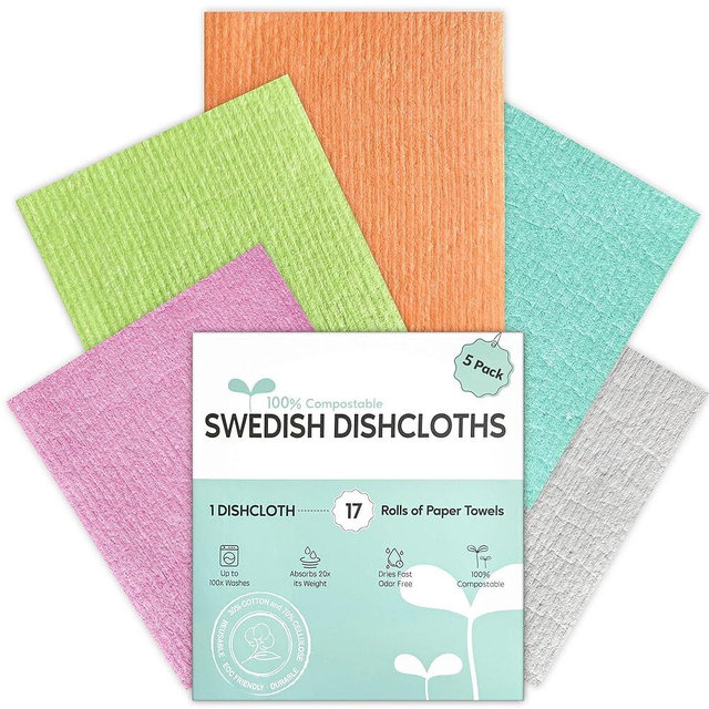 Auggee Swedish Dishcloths for Kitchen, 5 Pack Swedish Dish Cloths, Ultra Absorbent Reusable Paper Towels, Cellulose Sponge Cloths, Quick Drying, No Odor, Dishwasher Safe
