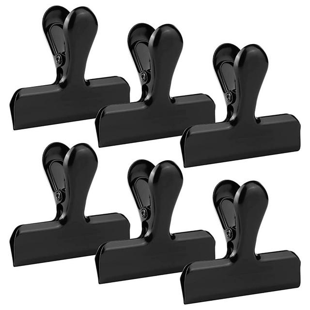 6pc-3 Inch Wide Stainless Steel Paper Clamps Heavy Duty Food Bag Clamp,Seal Clip, Chip Clips Metal Hinge Clip File Clamps for Kitchen&Office (Black)