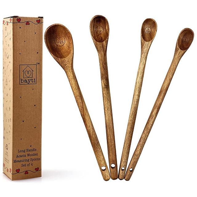 Bayti Long Handle Acacia Wooden Measuring Spoons, 100% Natural Food Grade Acacia Wood set of 4 spoons