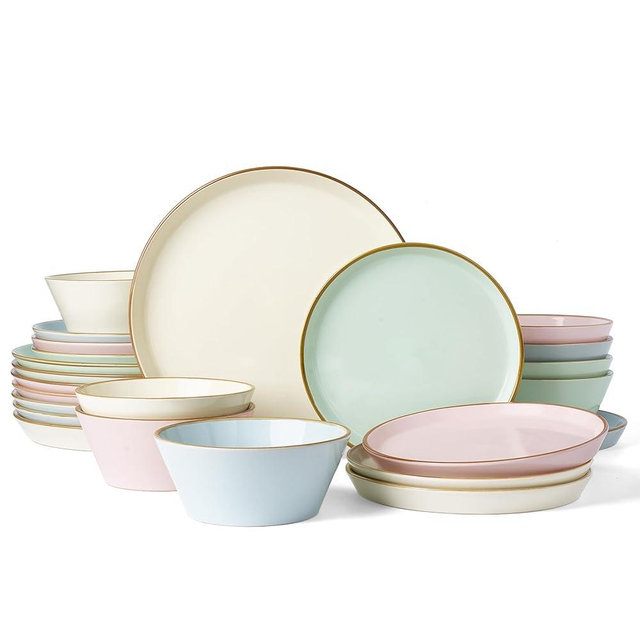 Famiware Saturn Stoneware Dinnerware Sets for 8 (24 Pieces), Ceramic Plates and Bowls Dish Sets with Hand-Painted Trim - Chip & Scratch Resistant, Microwave & Dishwasher Safe Tableware, Multi-color