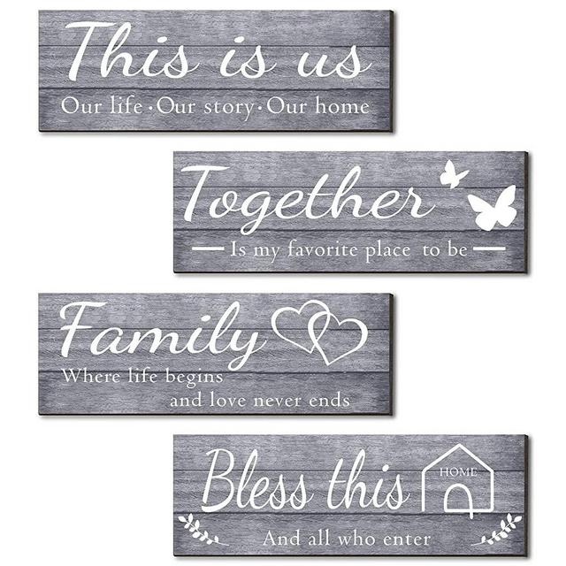 Joyhawk 4 Pieces Home Wall Decor Signs, THIS IS US/ TOGETHER/ BLESS THIS HOME/ FAMILY Wall Decor For Living Room Bedroom, Rustic Wooden Farmhouse Wall Art Decor, 4.7 x 13.8 Inch(Gray)