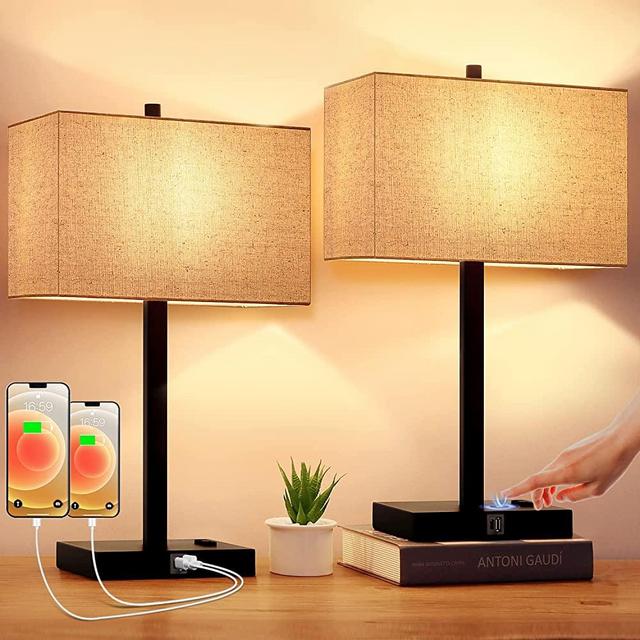 21" Set of 2 Bedside Touch Control Table Lamp with 2 USB Charging Ports & AC Outlet 3-Way Dimmable Nightstand Lamp with Cream Shade for Living Room Bedroom Dorm Home Office, 2700K LED Bulbs Included
