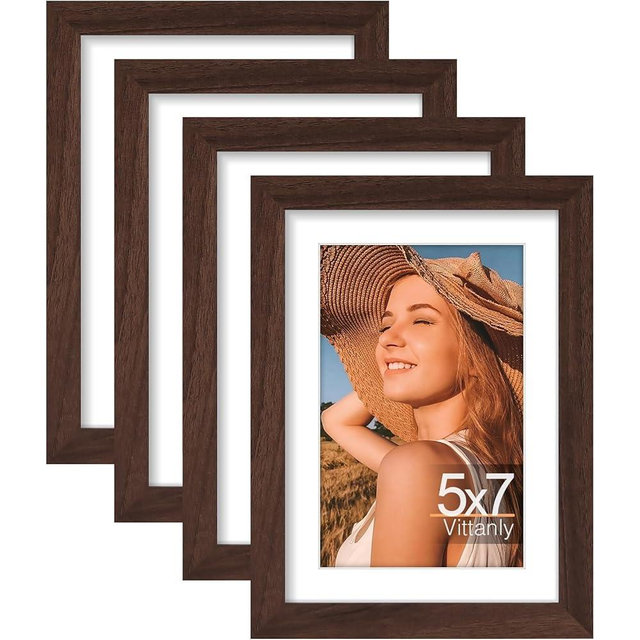 Vittanly 5x7 Picture Frame Set of 4, Display Pictures 4x6 with Mat or 5x7 without Mat, Engineered Wood with Shatter Resistant Plexiglass, Small Photo Frames for Wall or Tabletop Display, Brown