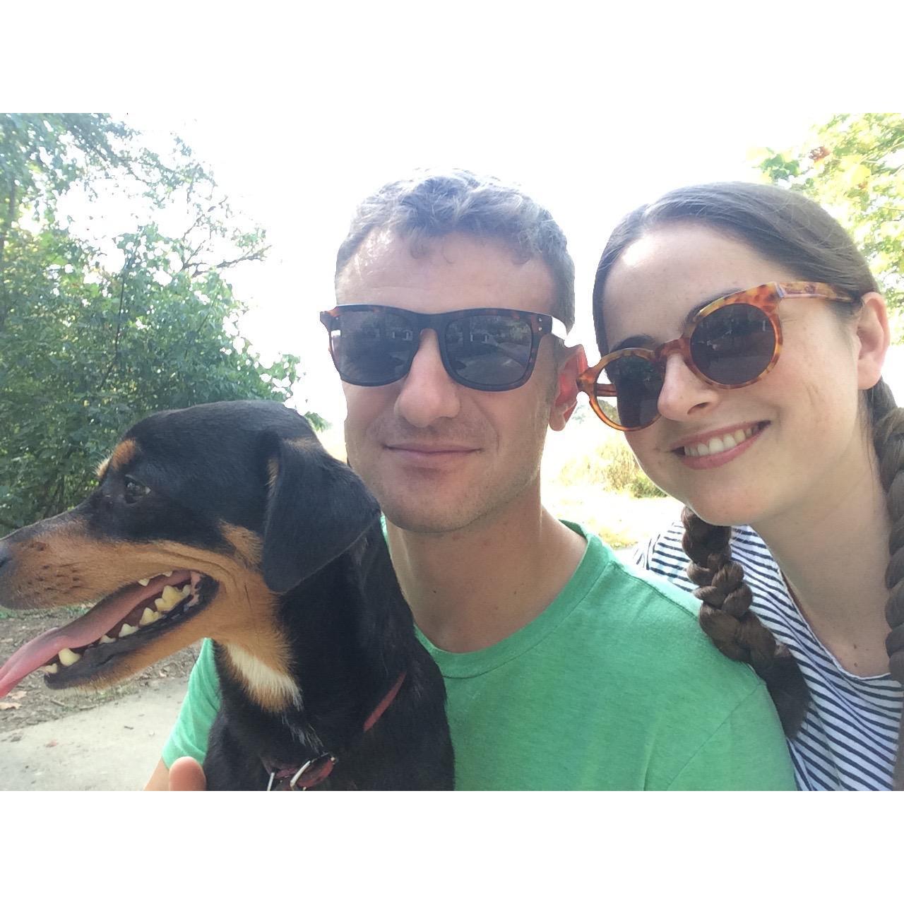 Walking the dog at the park.