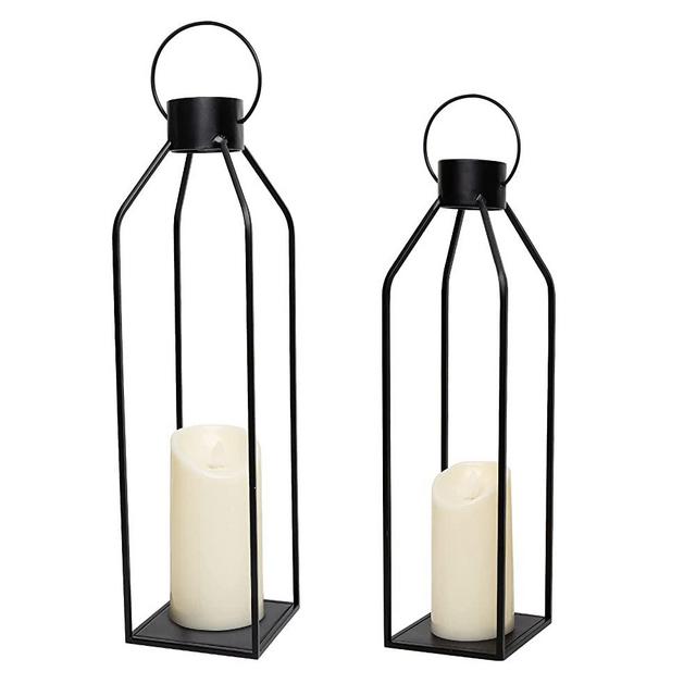 HPC Decor 19.5'' 17'' Lanterns Decorative w/ Flickering LED Candles- Large Tall Black Metal Candle Lanterns Set of 2- Modern Farmhouse Lanterns Decor for Indoor,Outdoor,Tabletop,Porch (No Glass)