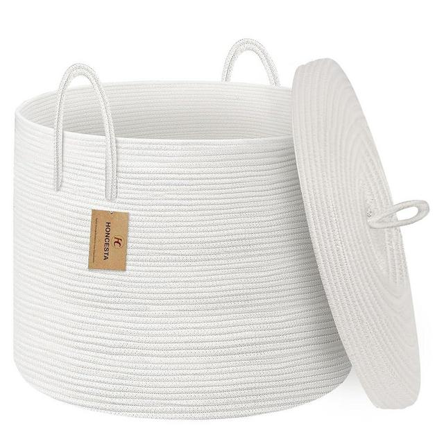 HONCESTA 20" X 20" X 15" Extra Large White Basket with Lid, Woven Cotton Rope Basket for Blankets for Living Room, Kids Toy Storage Bin, Wicker Bathroom Towel Basket, All White Baskets for Organizing