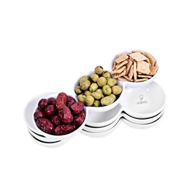 Singkasa 3-Compartment-Porcelain Appetizer Serving Tray, Triplet Bowl, Bowl Set - Great for Snacks, Dips – White – 9.5 Inch – 18 Ounce | set of 4