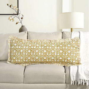 CPC Block Print Mustard Regal Ruffle Cotton Lumbar Pillow Cover 14x36 inch