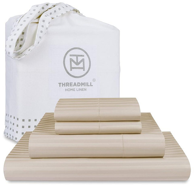 Threadmill 100% Cotton Sheets for Cal King Size Bed - 600 Thread Count Cal King Bed Sheets Set with 16” Deep Pocket - Damask Stripe Sateen Weave 4-Piece Bedding Set with Cooling Effect, Beige