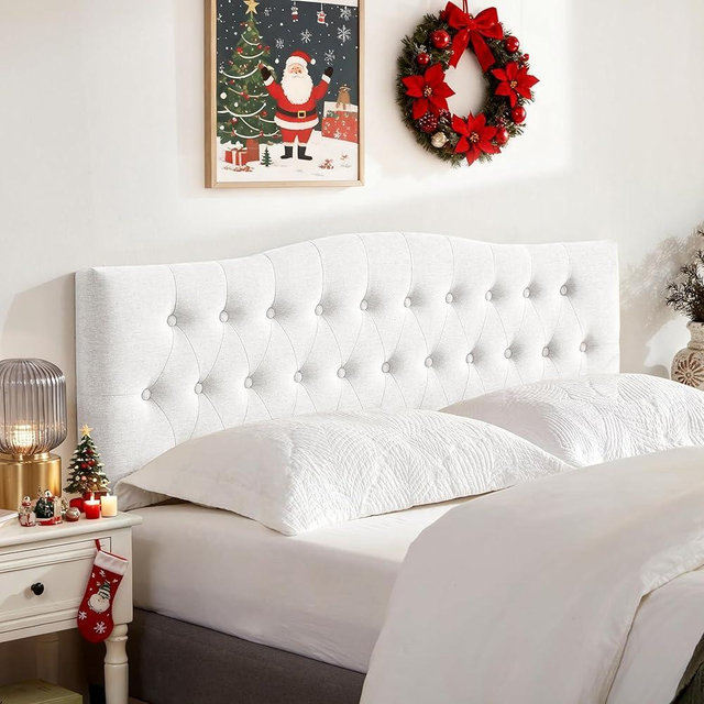 Huatean Home Tufted Upholstered Headboard Queen Size, Sturdy & Durable Solid Wood Bed headboard, Fabric Headboard Adjustable Height from 37” to 51”, Modern Button Diamond Design Head Board, White