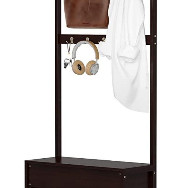 SEIRIONE Coat Rack and Shoe Storage Bench for Entryway, 5 In 1 Design, Hall Tree with 1 Cabinet Organizer for Mudroom,10 Hanger Hooks, 1 Top Shelf, 1 Shoe Rack, Made of Solid Bamboo,Dark Brown
