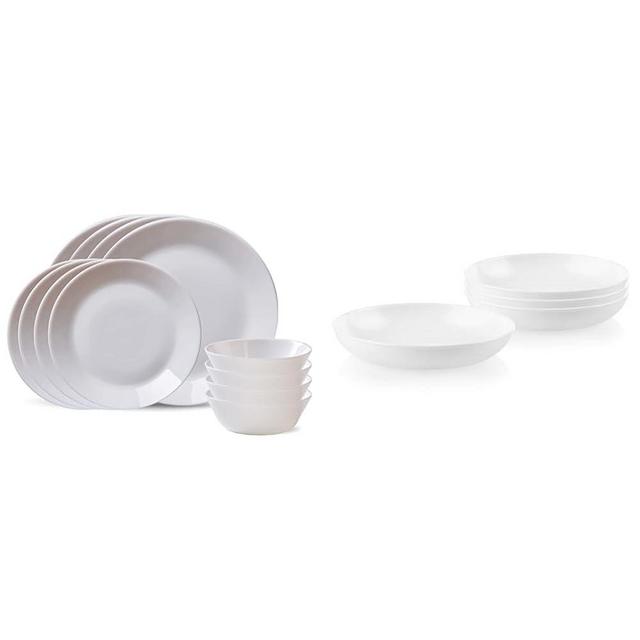 Corelle MilkGlass 12-Piece Dinnerware Set, Service for 4, Lightweight & 4-Pc Versa Bowls for Pasta, Salad and More, Service for 4, Durable and Eco-Friendly 30-Oz, Compact Stack Bowl Set