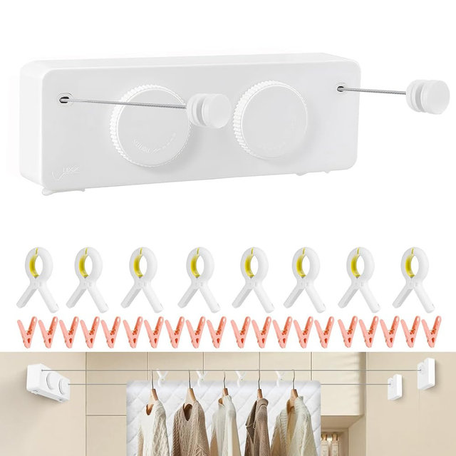 SIWUKEH Retractable Clothesline Indoor/Outdoor，Anti-Sag for Drying Clothes line Retracting Indoor, 13.8Ft Dual-Line Laundry line Retractable，Includes 20 Small Clips and 8 Large Clothes pins. (White)