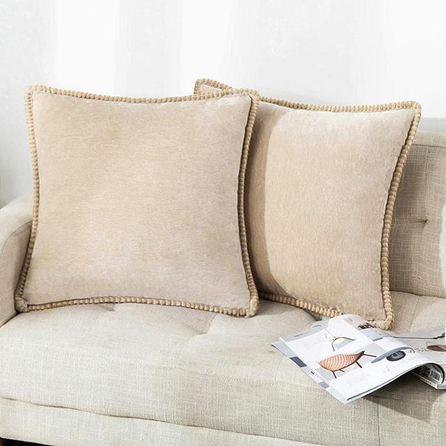 Farmhouse Decorative Throw Pillow Covers Set of 2 Trimmed Edge Velvet Cushion Cases for Couch Living Room, Light Tan, 18x18 inches, Insert Not Included