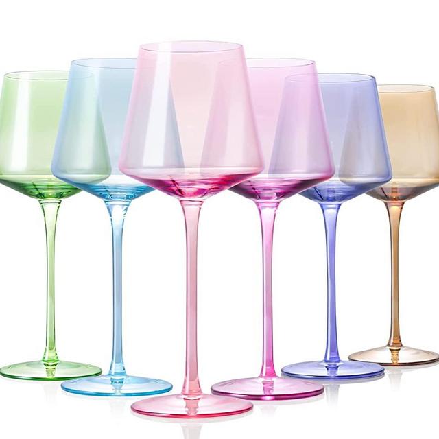 Colored Wine Glasses Set Of 6 - Modern Colorful Wine Glasses With Tall Long Stem and Flat Bottom,Perfect Colored Wine Stemware for Christmas,Thanksgiving,14oz(Mixed Color)