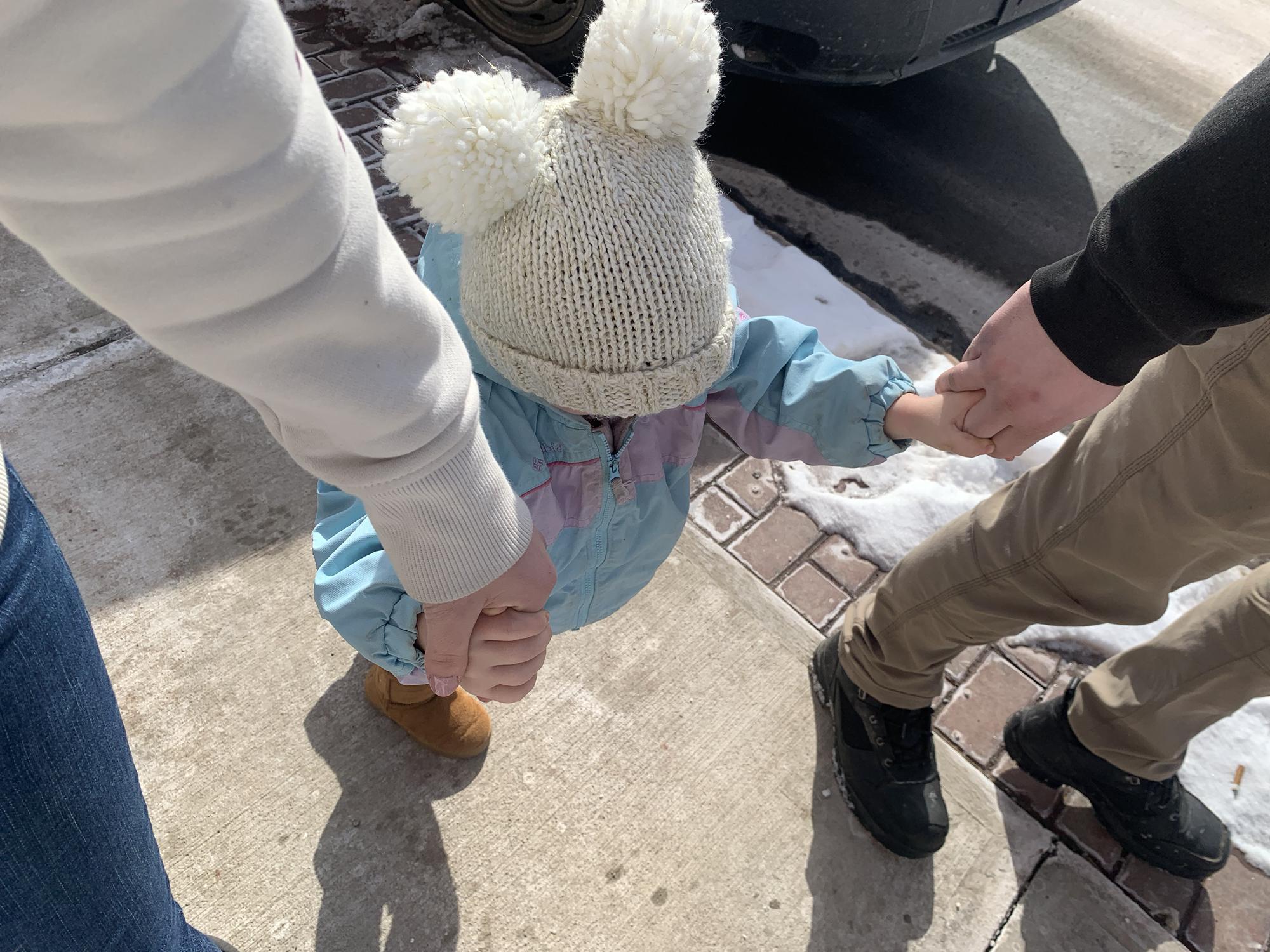 Big girl Maeve on an adventure with Mom and Dad