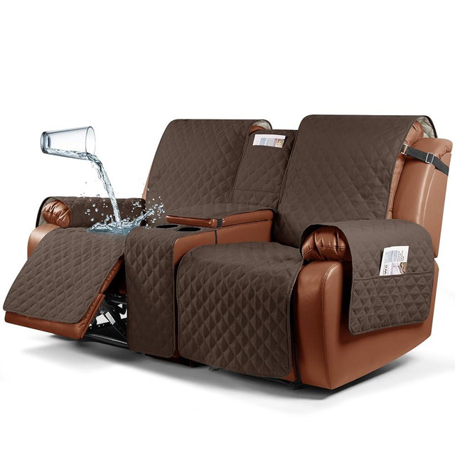 Ruaozz Waterproof Recliner Loveseat Cover with Console Non-Slip Couch Covers for Reclining Couches Pet Cover for Double Recliner Sofa Cover with Elastic Straps for Kid Dogs Pets (Dark Brown, 2 Seater)
