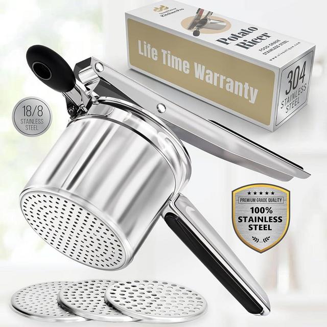 DwellDecor Kitchen PRO 15oz Premium Grade Stainless Steel Potato Ricer | Kitchen Tool for Mashed Potatoes| Ricer & Masher| Potatoes Masher, Non-Slip Silicon Handle, 3 Interchangeable Discs, Easy Clean
