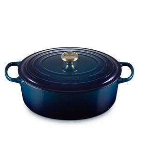 Signature Oval Dutch Oven Dark Blue with Gold handle