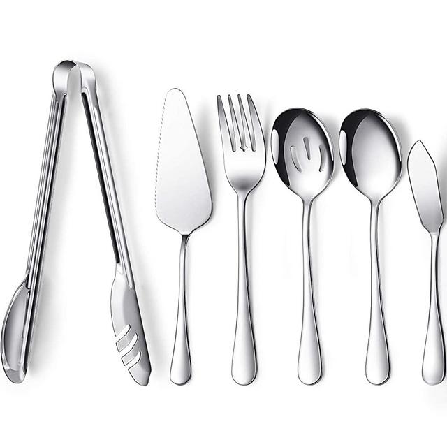 6 Pieces Serving Utensils Large Serving Spoon Slotted Serving Spoon Serving Fork Serving Tong Pie Server Butter Knife Buffet Catering Serving Utensils Dishwasher Safe for Buffet Breakfast Dinner Set