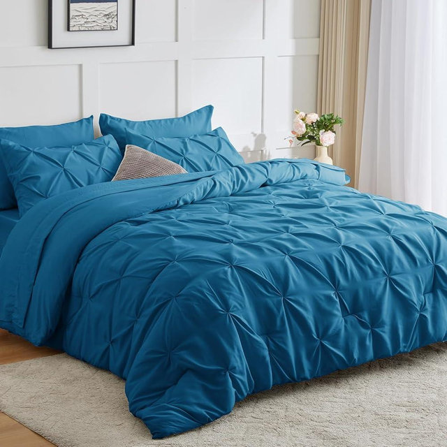 CozyLux Teal Comforter Set King - 7 Pieces Bed in a Bag King Teal, Pintuck Comforters Pinch Pleat Bedding Sets with All Season Comforter, Flat Sheet, Fitted Sheet and Pillowcases & Shams