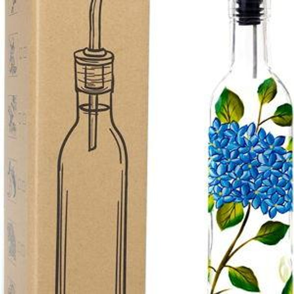 17oz Hand Painted Glass Olive Oil Bottle Dispenser - 500ml Green Oil & Vinegar Cruet with Pourers - Olive Oil Carafe Decanter for Kitchen (hydrangea)