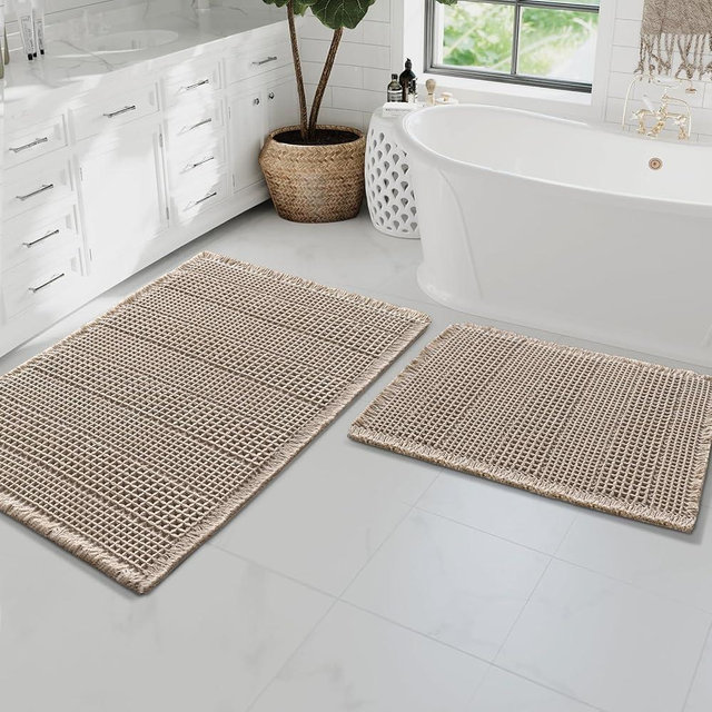 H.VERSAILTEX Waffle Bath Mat Super Absorbent Bathroom Mats Non Slip Bath Rugs for Bathroom Floor Machine Washable Ultra Soft Bathroom Rugs for Beside Tub, (32 x 20 Plus 24 x 17 - Inches, Irish Cream)