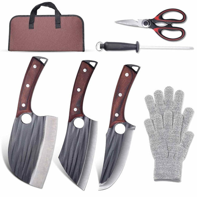 Xnarlath Butcher Knife Set with Bag，High Carbon Steel Meat Cleaver for Meat Cutting Processing,Hand Forged Boning Carving Butcher Chef Knives，Outdoor BBQ Camping Viking Knife (3 meat knife)