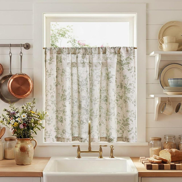 jinchan Amlie Floral Kitchen Curtains 36 Inch Length Linen Cafe Curtains Small Window Drapes Light Filtering Botanical Farmhouse for Bedroom Bathroom Rod Pocket 2 Panels Sage Green on Linen