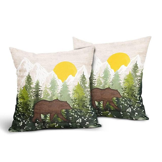 Bear Pillow Covers 18X18 Inch Set of 2 Mountain Forest Wildlife Animal Bear Green Pillows Case Adventure Woodland Rustic Linen Square Outdoor Pillow Covers for Lodge Patio Bedroom Nursery Decor