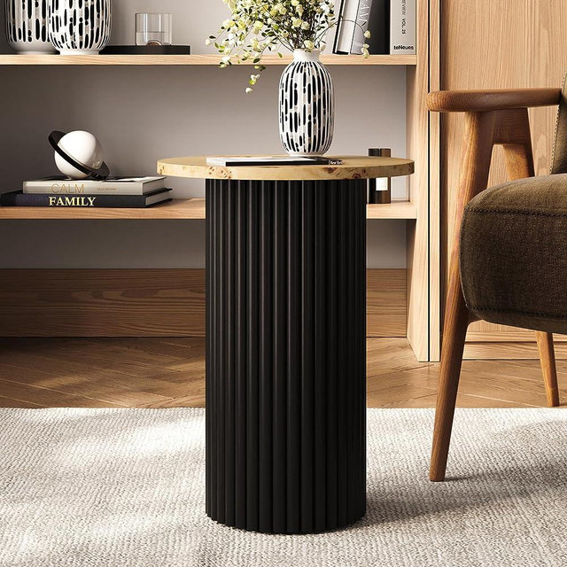 Round Fluted Accent Side Table - Drink Table - Living Room Furniture - Modern Home and Bedroom Decor - Pedestal Side Table with a Solid Oak Base (Two-Tone Burl Wood Veneer with Black Base)