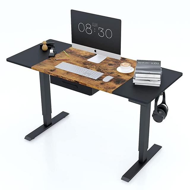 POXURIO Electric Standing Desk, Height Adjustable Lift Computer Desk with Drawer, Sit Stand Desk for Home Office, 55 x 24 Inch Workstation Table with Splice Board, Rustic Brown and Black Top