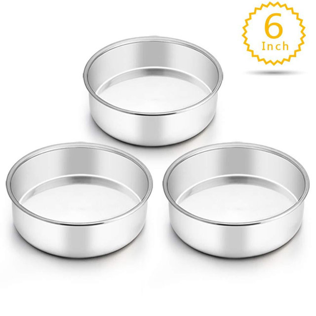 TeamFar 6 Inch Cake Pan, Round Cake Pan Tier Baking Pans Set Stainless Steel, Fit in Instant Pot Air Fryer, Healthy & Toxic Free, Mirror Finish & Heavy Duty, Oven & Dishwasher Safe - Set of 3
