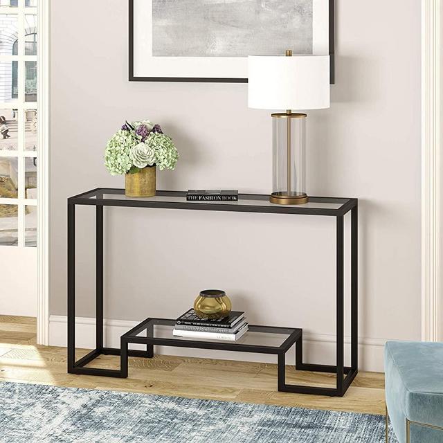 Henn&Hart Modern Entryway, Accent Glass Shelf for Hallway, Sofa Living Room, Easy Assembly Console Table, Black