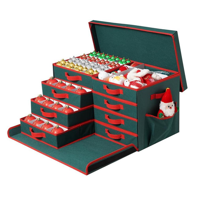 Peyulia Christmas Ornament Storage Box, Stackable Organizer with Lid and Pockets, Side Open, 8 Trays, 128-3" Holiday Ornament Container with Removable Trays and Adjustable Dividers, Green